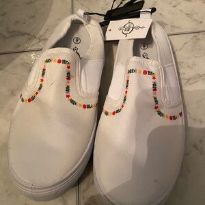 White Slip-On Shoes with Colorful Spring Flowers- NWT